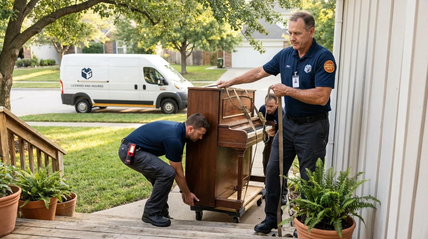 Licensed piano movers securing grand piano in Lusk, WY