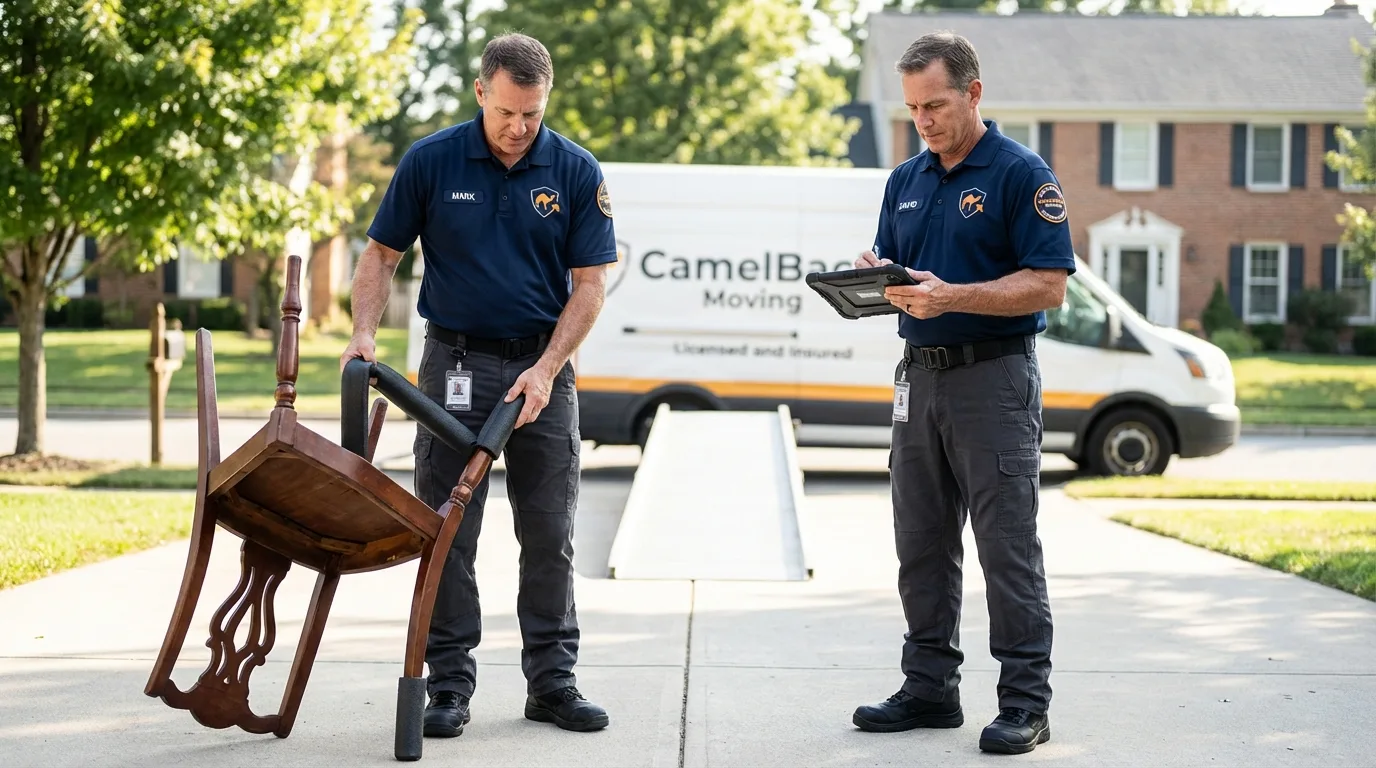 Movers inspecting furniture for damage prevention before loading in Lusk, WY