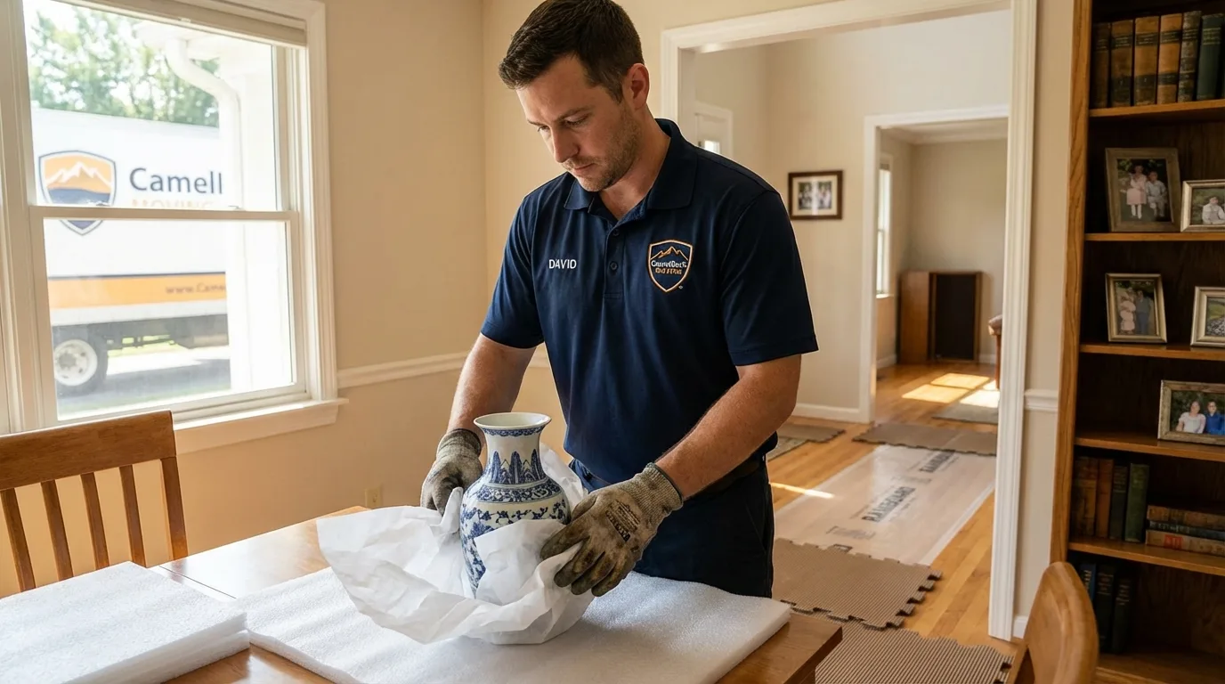 Professional crew carefully wrapping antique vase for senior downsizing move in Lusk, WY